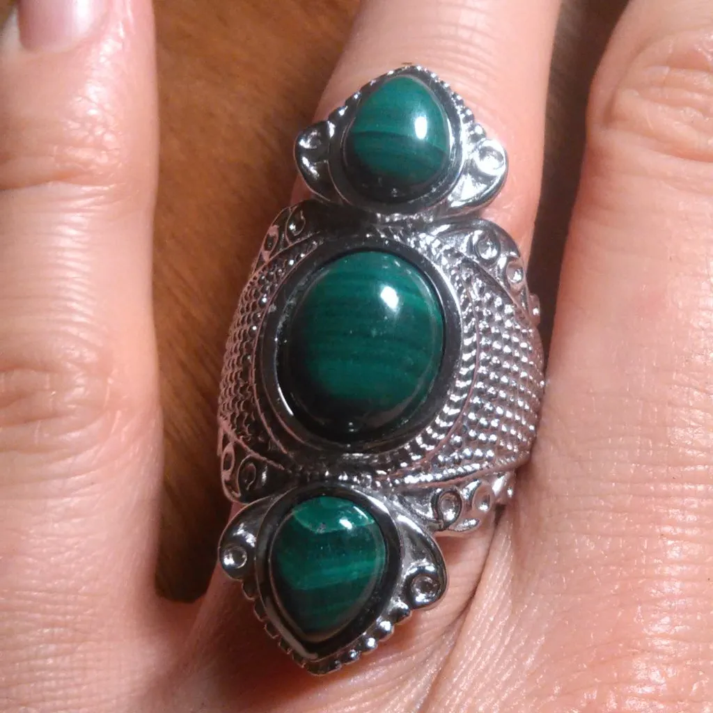 African Malachite Three Stone Stainless Steel Ring (Size 6) - Image 6