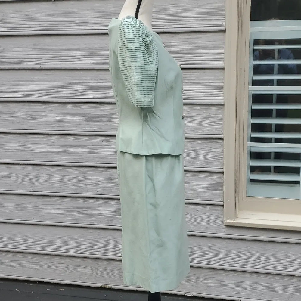 Vintage Joan Leslie Short Puff Sleeve Skirt Suit Set Green Size 8 - Image 2