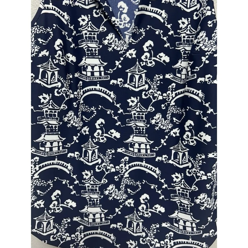 Jude Connally Ali Tank Top Large Chinoiserie Navy Sleeveless Non Wrinkle Stretch Blue - Image 3