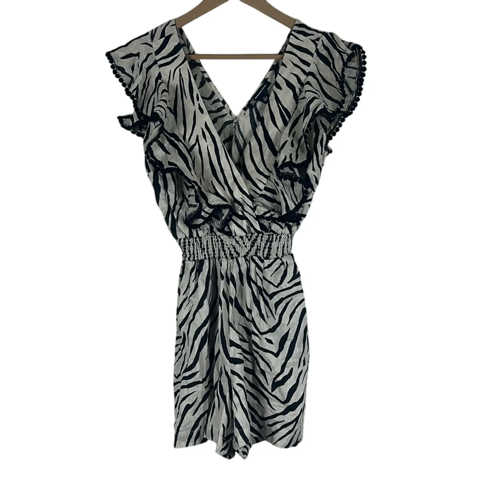 NWT INC 100% Linen Romper Size S Black Cream Zebra Print V - Image 2