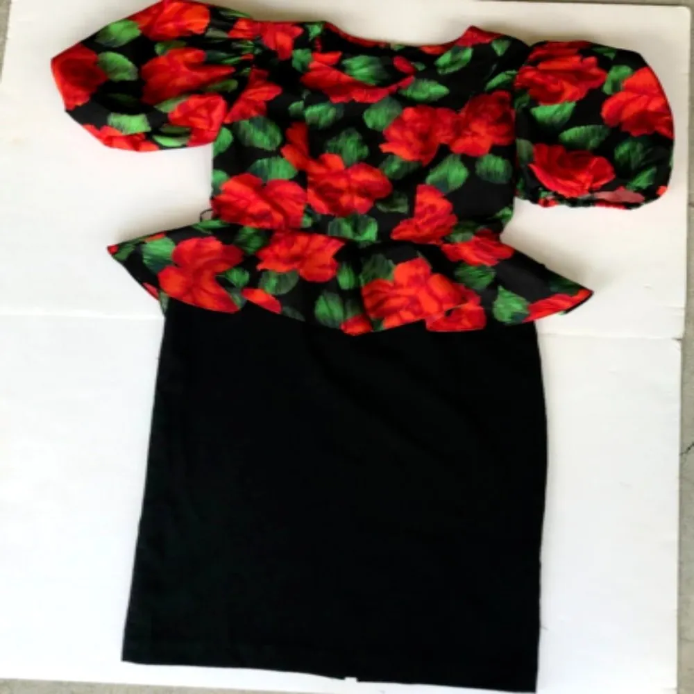 Mr. Mort Dress Black Red Floral Puff Sleeves Wedding Party Art Deco VTG… Size 8 - Image 3