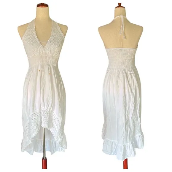 SeaSpice Resort White Crochet Peruvian Cotton Halter Beach Summer Dress - Image 2