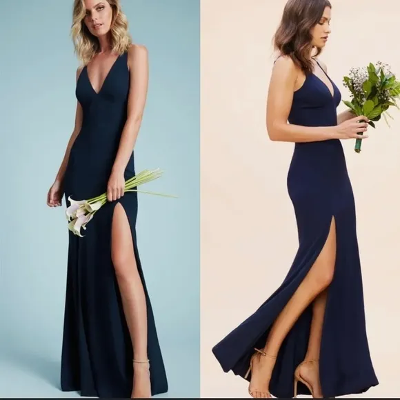 NWOT Dress the Population Iris Slit Crepe navy Gown sz XS - Image 2