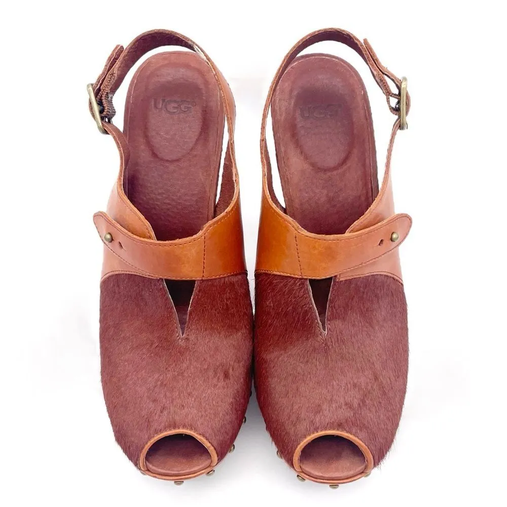 UGG Nicco Leather Calf Hair Platform Peep Toe Slingback Sandal Brown Size 8.5 - Image 3