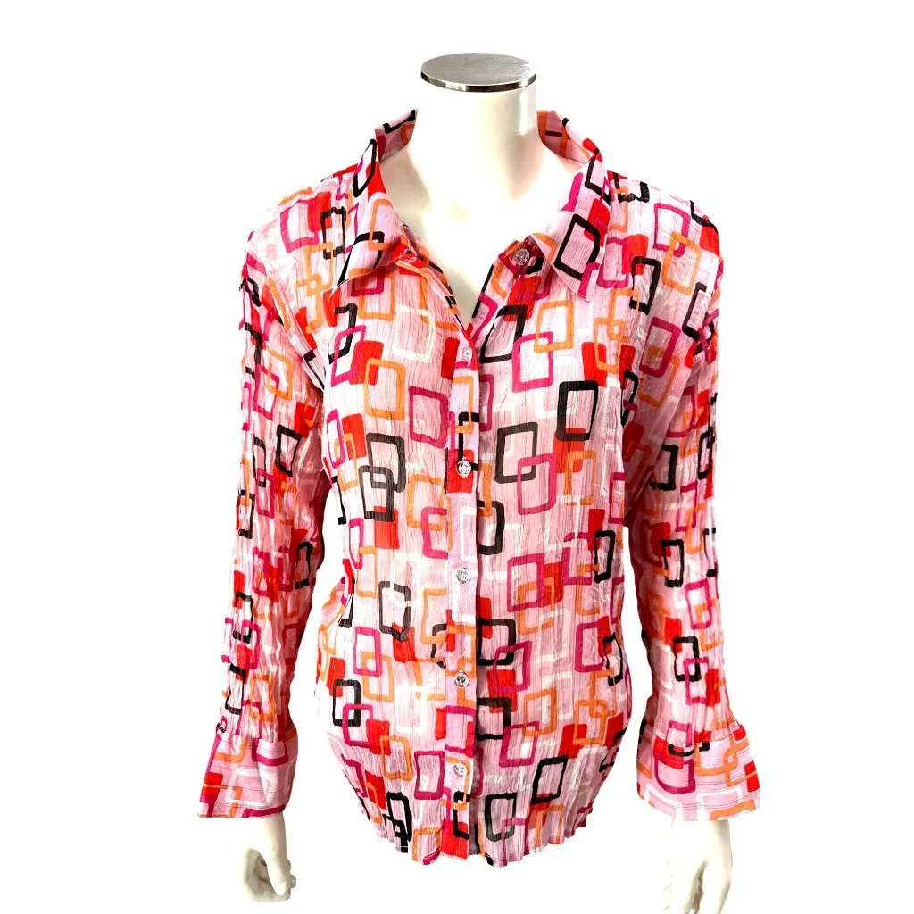 Essentials By Milano XL Pink Geometric Button Up Blouse Retro Cityworkcore Red - Image 2