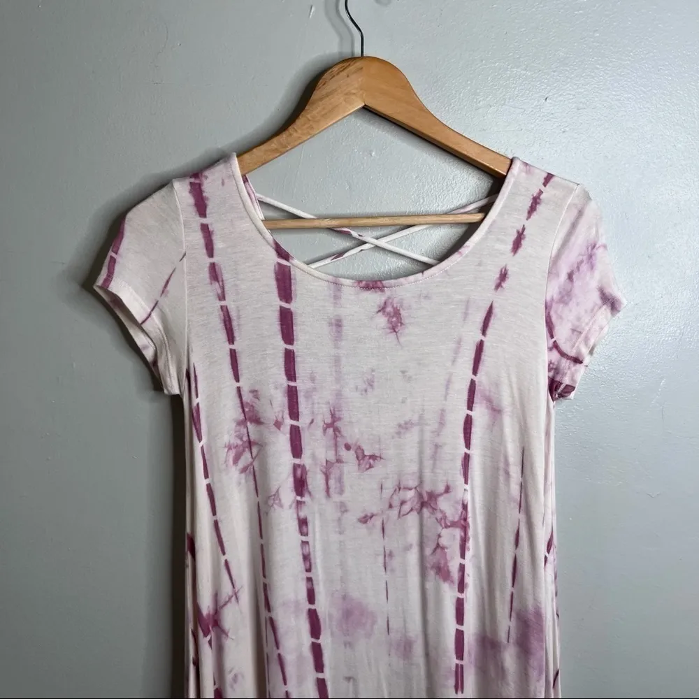 Tie Dye Oversize Tunic Dress with Criss Cross Back. Pink White Small - Image 5