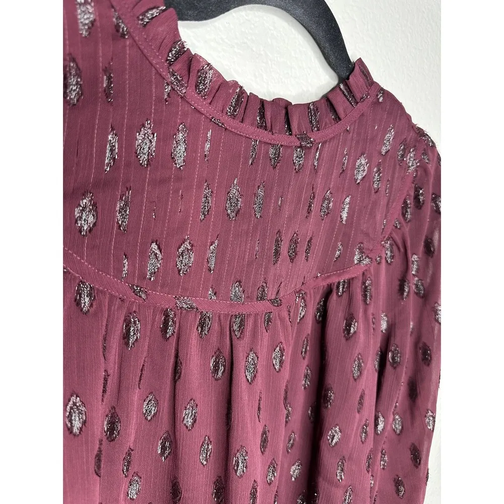 LOFT Blouse Womens XS Metallic Dot Ruffle Mock Neck Long Sleeve Top Shirt - Image 2