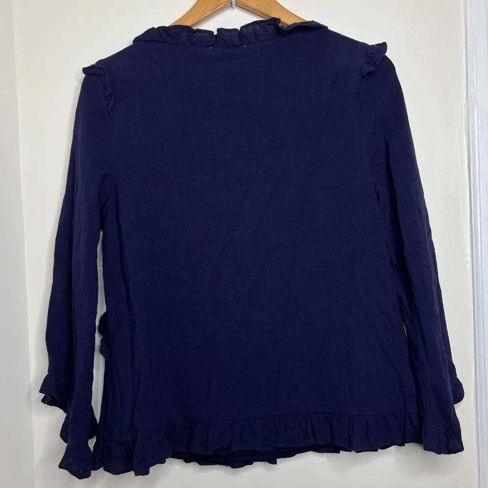 Entro Dark Blue Ruffle Top Blouse Women’s Size Medium Dramatic Sleeve - Image 5