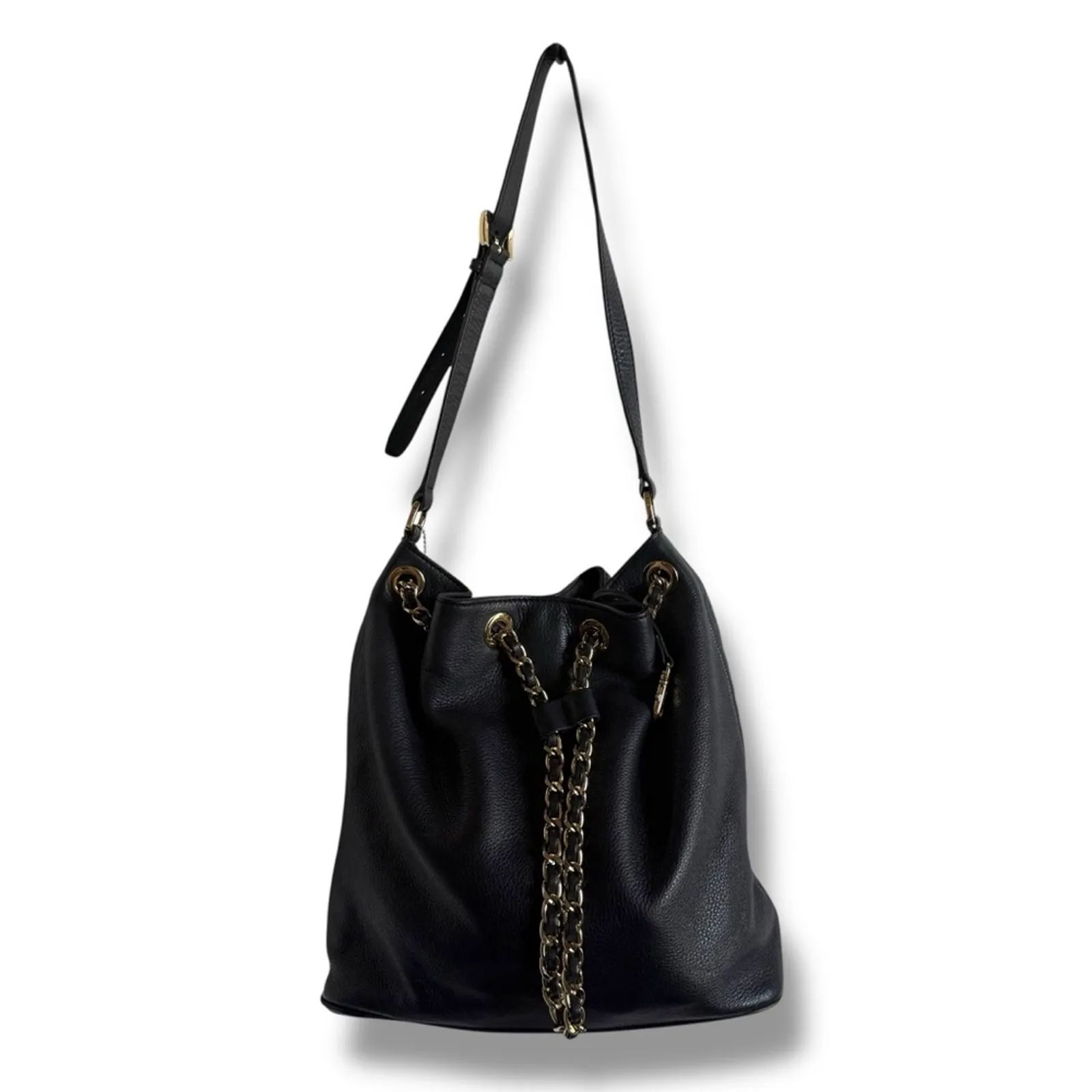 MICHAEL Michael Kors Black and Gold Shoulder Bag with Chain Detail Bucket - Image 3