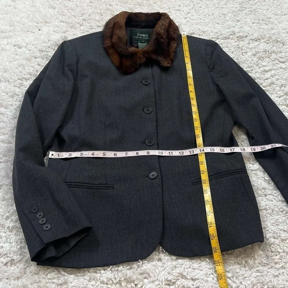 Lauren Ralph Lauren Vintage Wool Faux Fur Collar Blazer Jacket Gray Brown 12 - Image 4
