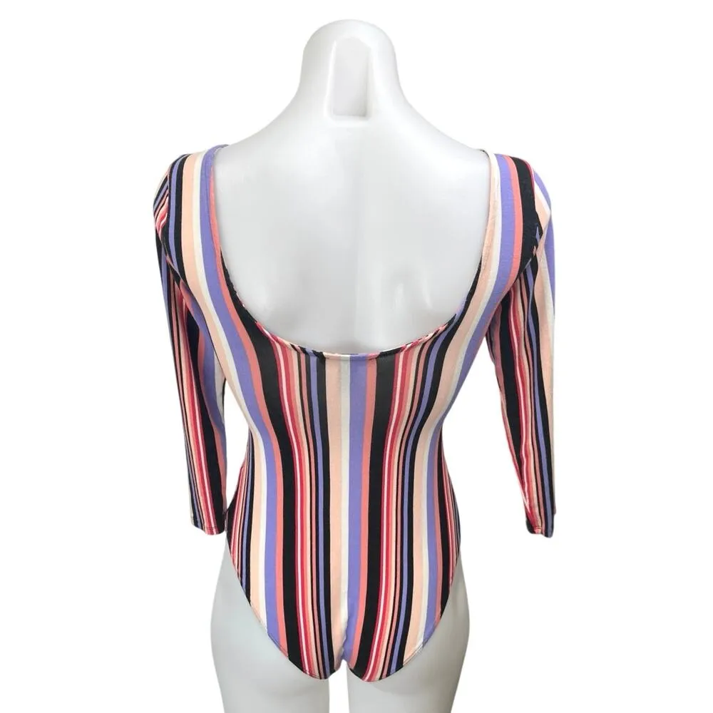 Forever 21 Women's Multicolor Striped 3/4 Sleeve Scoop Neck Bodysuit Top Size S - Image 2
