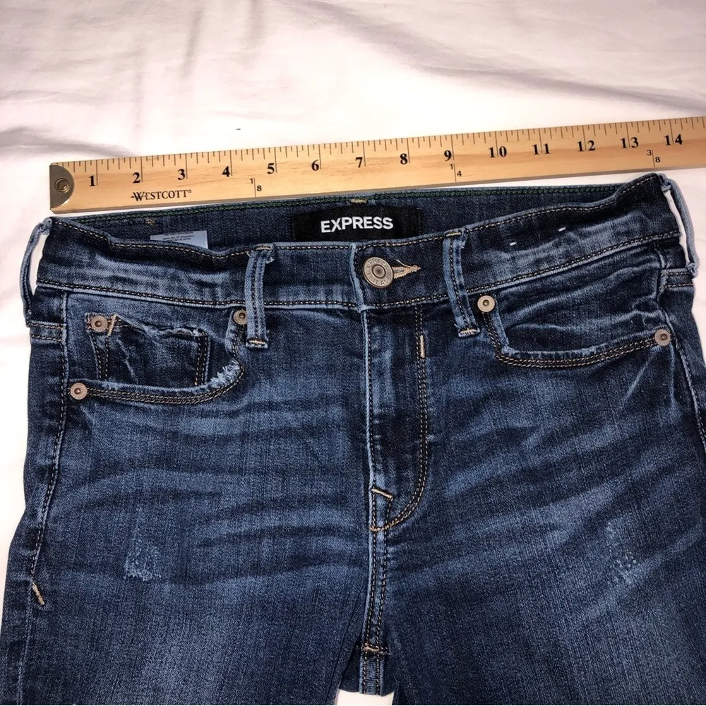 Express Size 0R Stretch Repreve Ankle Legging Mid Rise Blue Distressed Raw Hem - Image 10