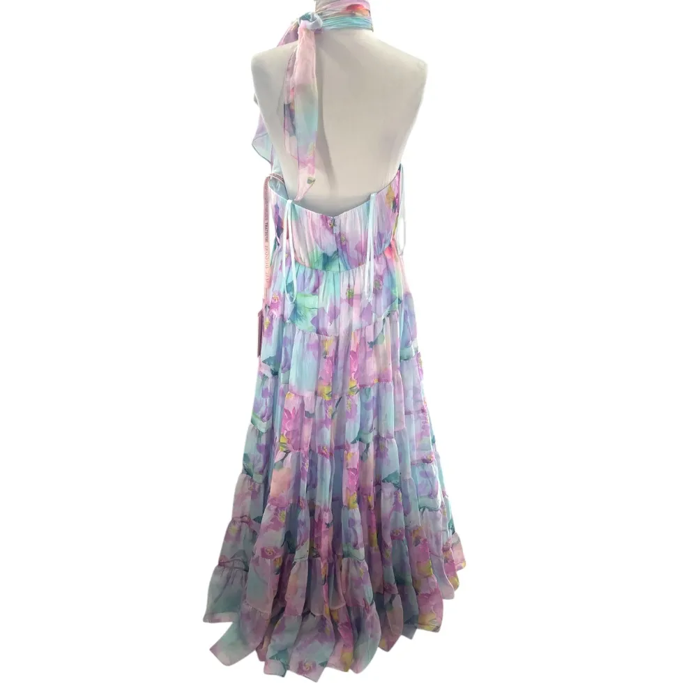 NWT Mac Duggal Floral Print Asymmetrical Halter Neck Tiered Gown - Image 8