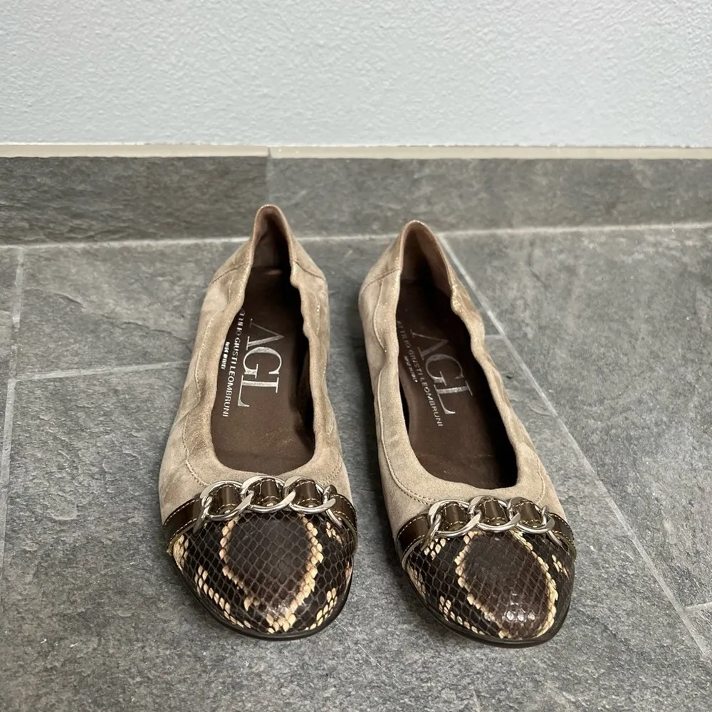 AGL Monika Tan Ballet‎ Flats With Snakeskin Print Cap Toe Size 38 - Image 2