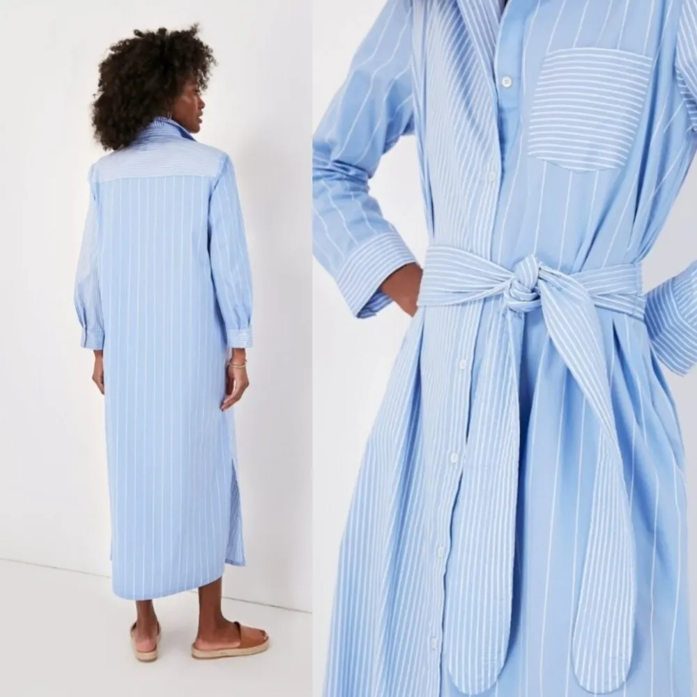 Pomander Place Plue Stripe Chessie Preppy Belted Shirt Maxi Dress - Image 3