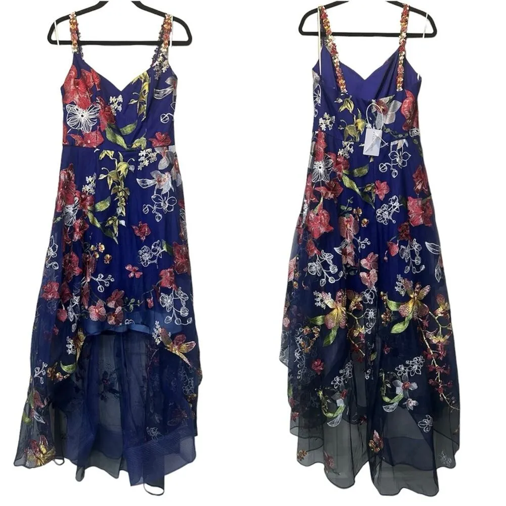 Marchesa Notte Asymmetric Floral Embroidered Gown Dress Hi - Image 3