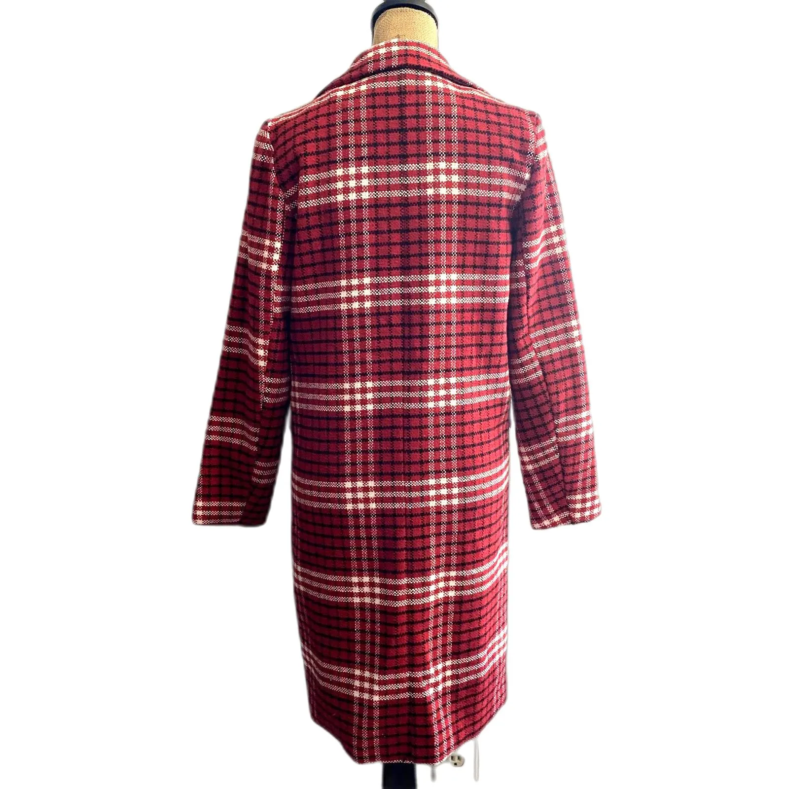 Chartou Red White Plaid Peacoat Winter Coat Longline Wool Blend‎ Size Small - Image 4