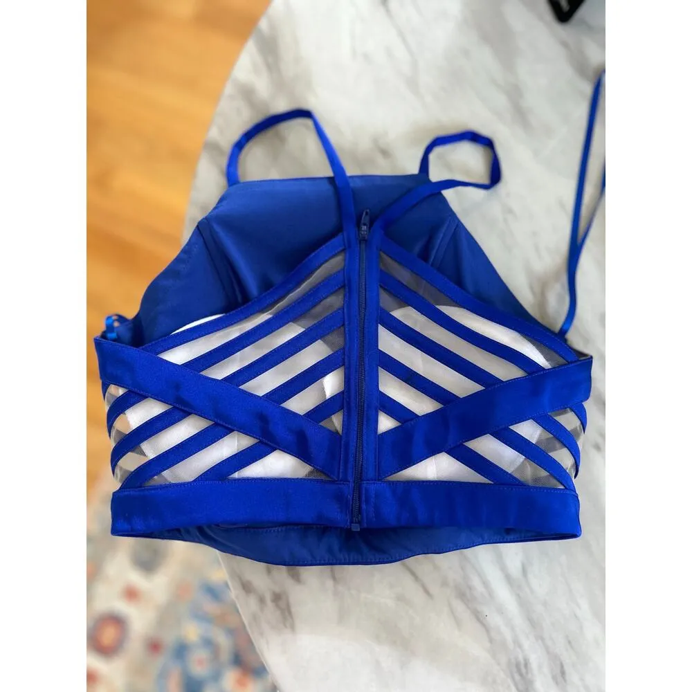 NWT La Femme Cobalt Royal Blue Two Piece Crop Top & Skirt Prom Gown - Image 8