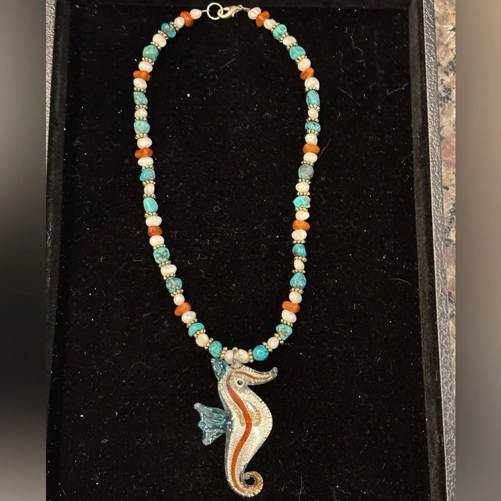 Seahorse Pendant Beaded Necklace Genuine Turquoise Freshwater Pearls Coral Blue - Image 5
