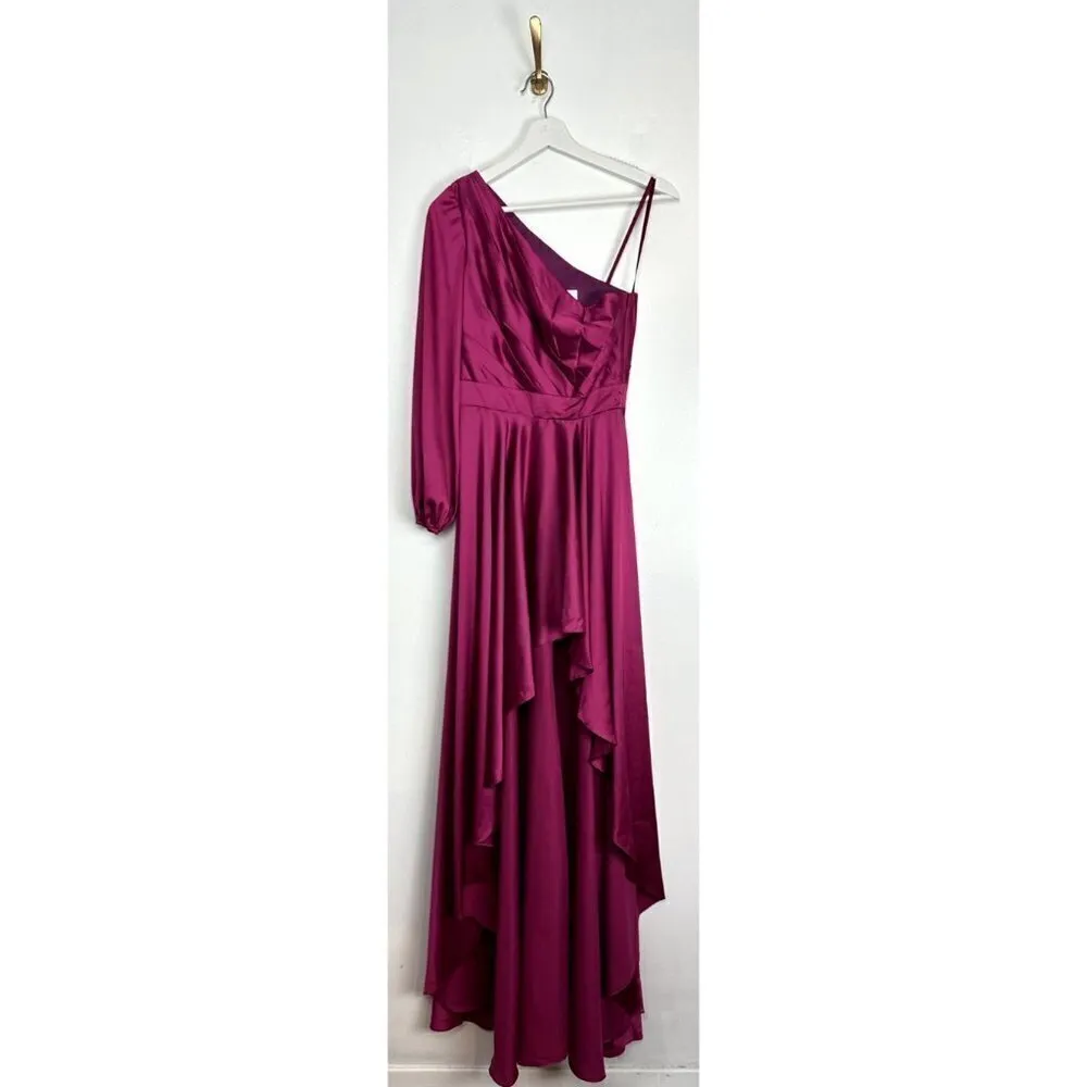 MAC DUGGAL One-Shoulder Long Sleeve Satin High/Low Gown in Berry Size US 0 - Image 5