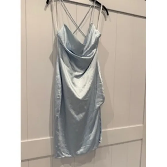 Superdown Women's Blue Satin Cowl Neck Criss‎ Cross Back Party Cocktail Dress - Image 4