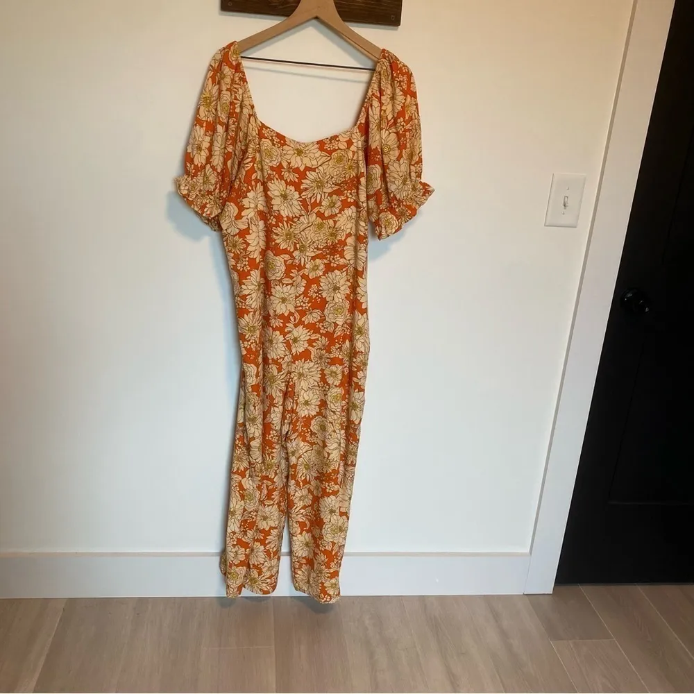 NWT Anthropologie If By Sea Orange Floral Puff Sleeve Jumpsuit, Size XL - Image 5