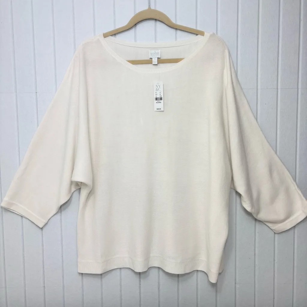 Soho white textured knit loose boxy sweater ,boat neck and 3/4 sleeves XXL - Image 2