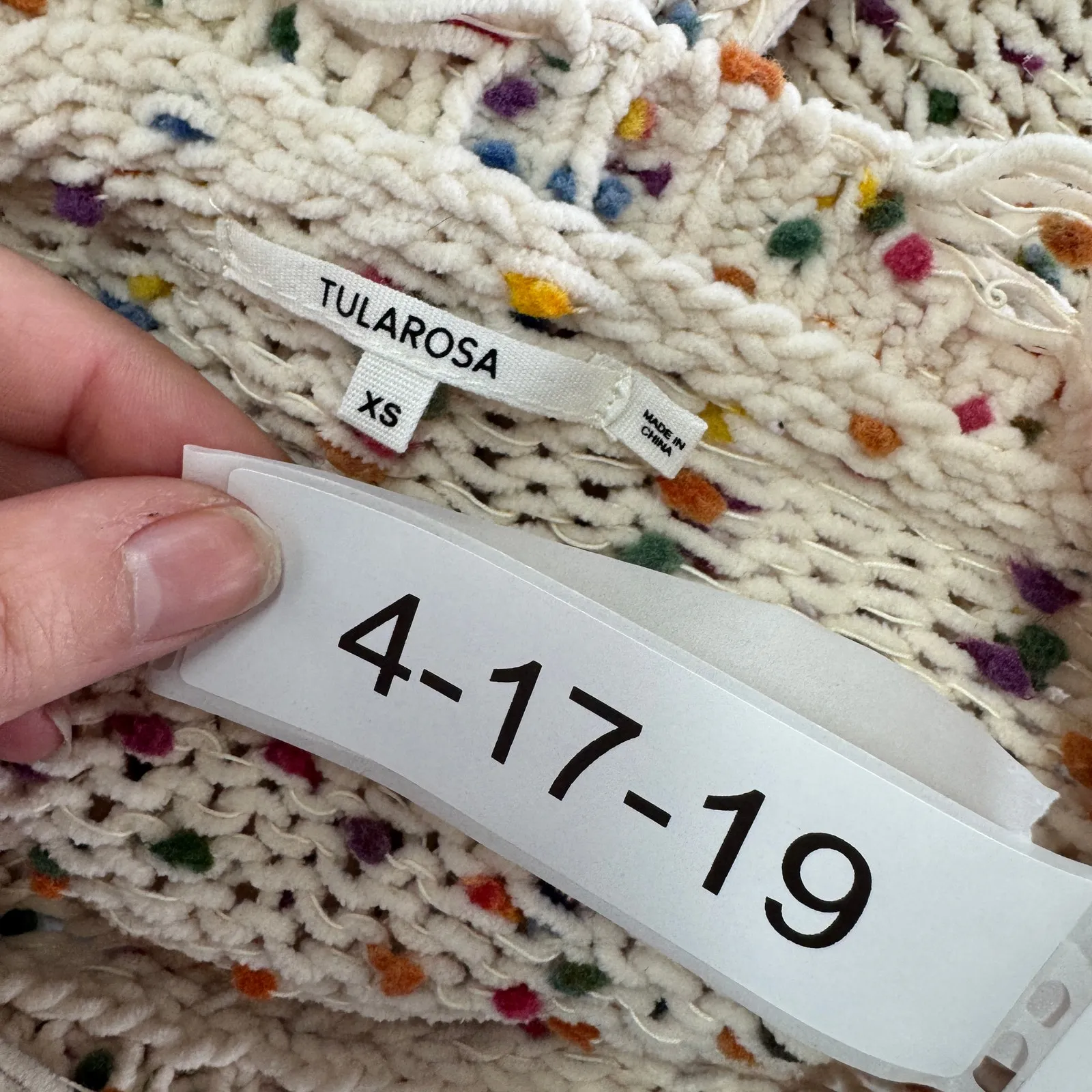 Tularosa Sweater Womens X Small Cream Confetti Distressed‎ Chenille Knit Pom Pom - Image 7