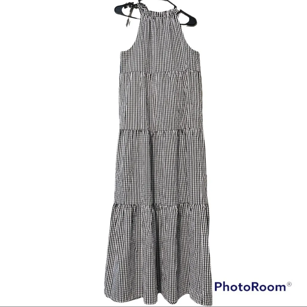 Maggy London sz 0 womens gingham print maxi dress black white ties on left side - Image 3