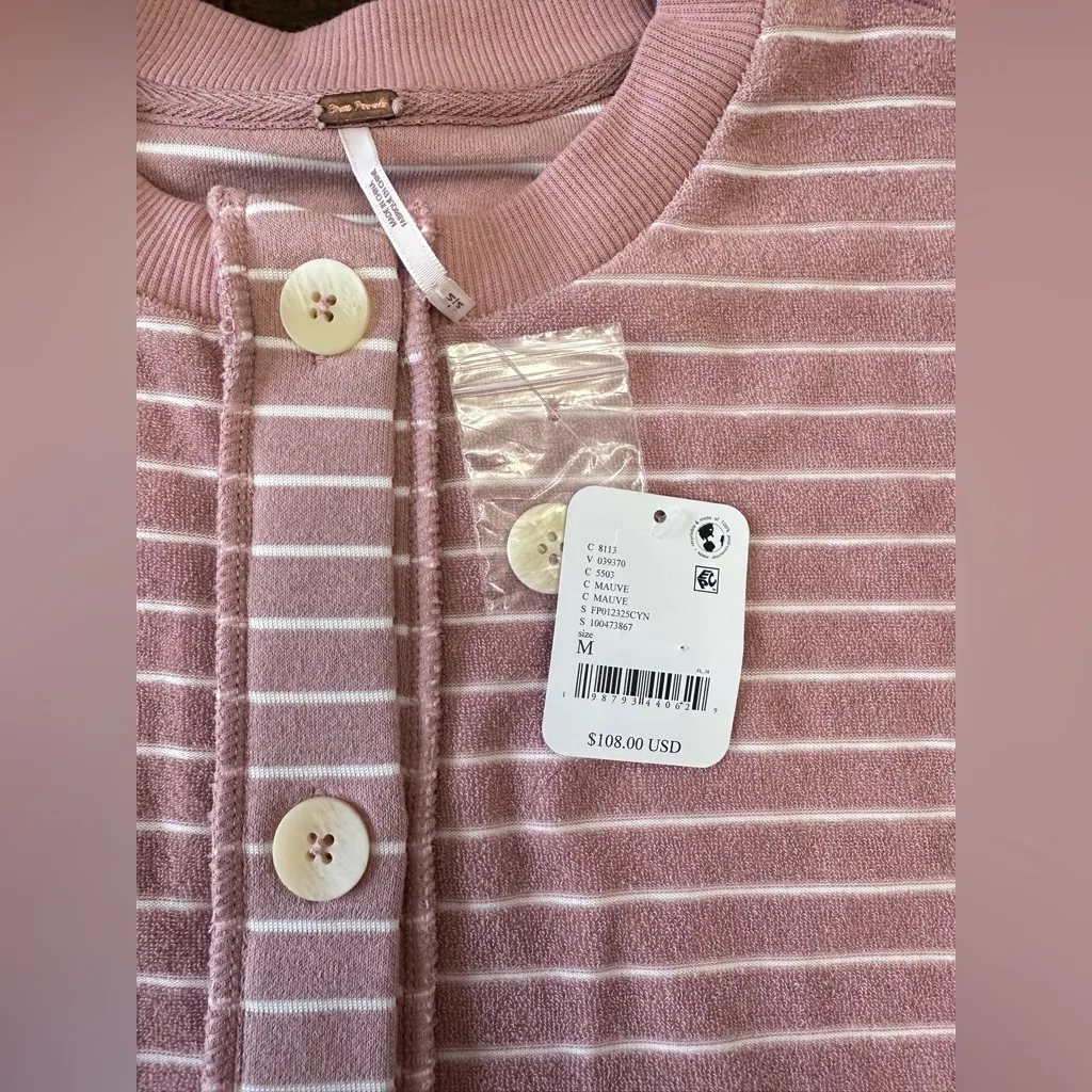 NWT Free People Matilda Striped Terry Cardigan in Mauve - Image 6