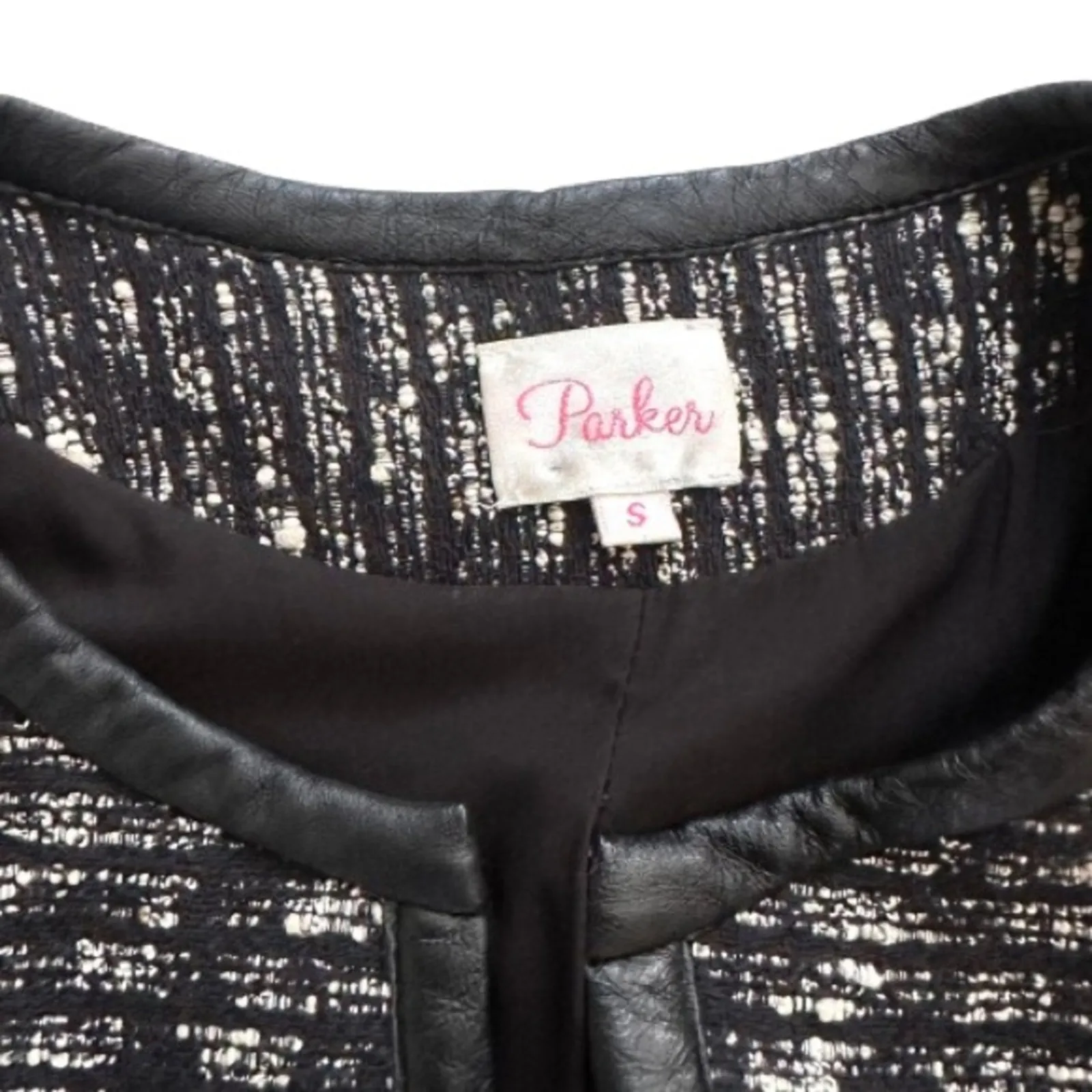 Parker Jacket Blazer Nolita Black White Tweed Lambs Leather Collarless Small - Image 2