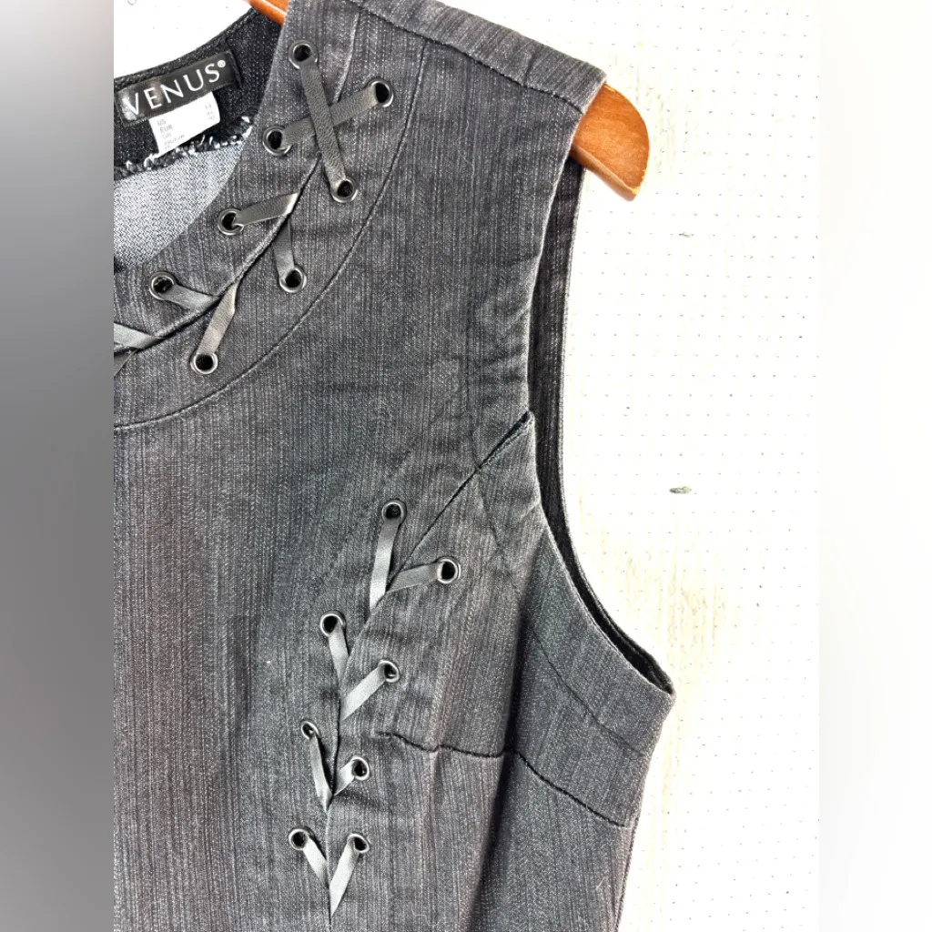 VENUS 14 Whimseygoth Denim Fitted Lace-Up Grommet Mini Dress in Black - Image 5