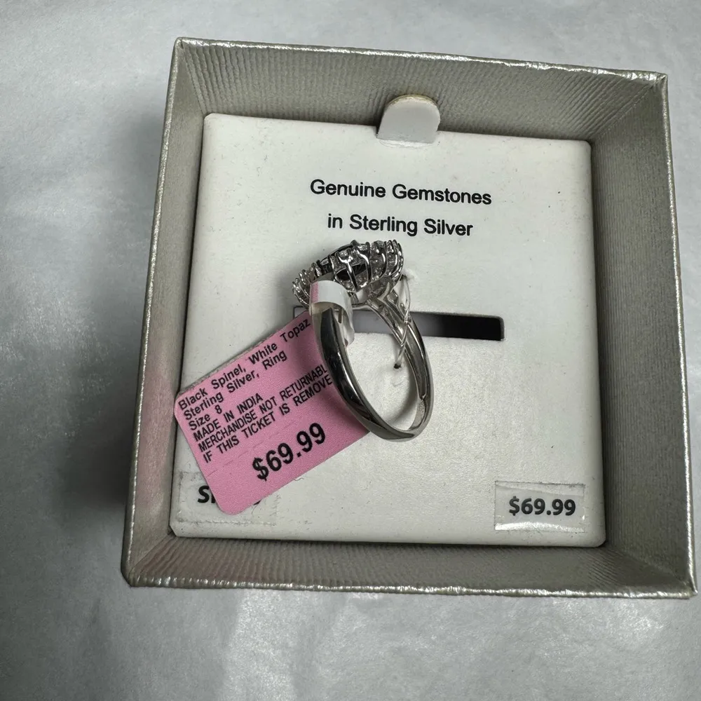 Womens Sterling Silver Ring Oval Black Spinel and White Topaz Halo Size 8 NWT - Image 3