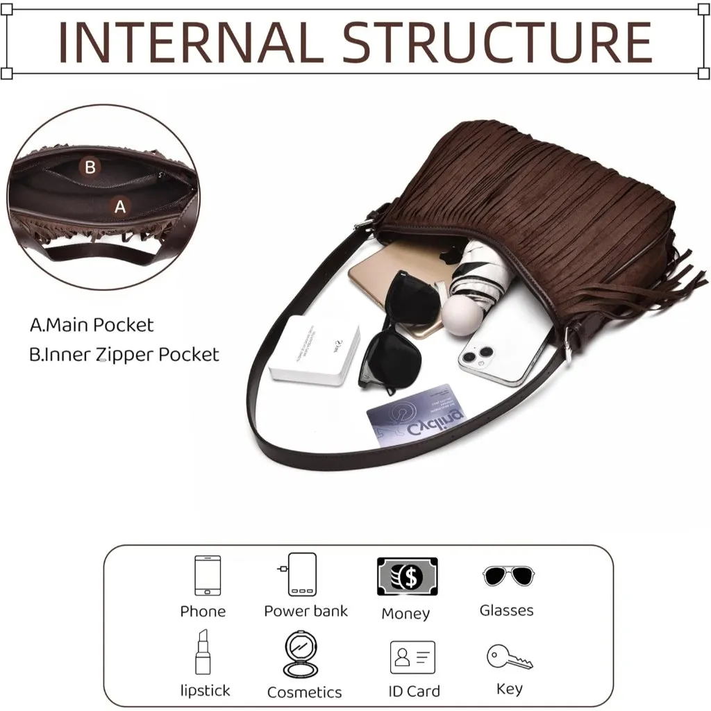 Women's Yellow Underarm Suede Western Hobo Purses and Handbags Trendy Fringe - Image 5