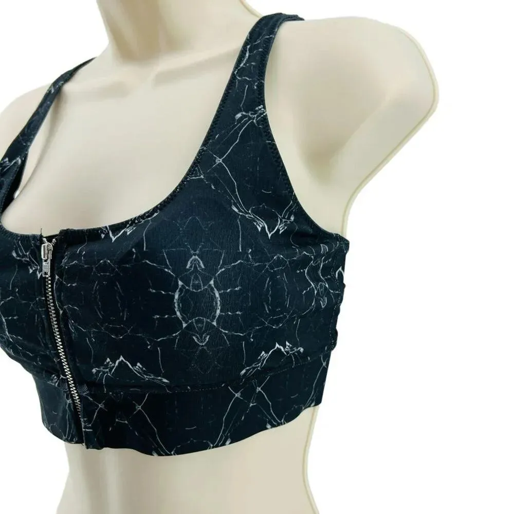 Lynx Black White Marble Zip Front Crossback Sports Bra Womens Small - Image 3