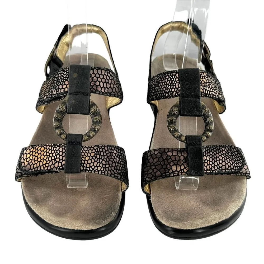 ALEGRIA Black & Gold Pebble Print Leather Sandals Size 37 Comfort Casual - Image 2