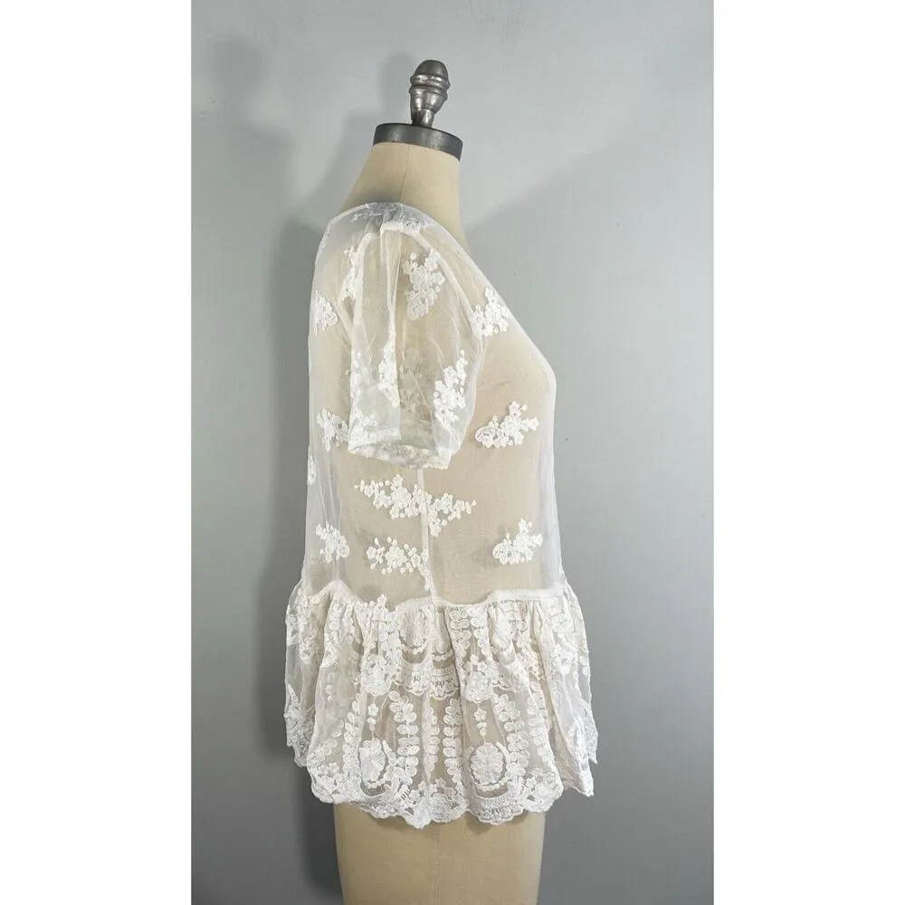 KIMCHI BLUE Women's Top Ivory Sheer Mesh Embroidered Tiered Hem Blouse Size M - Image 3