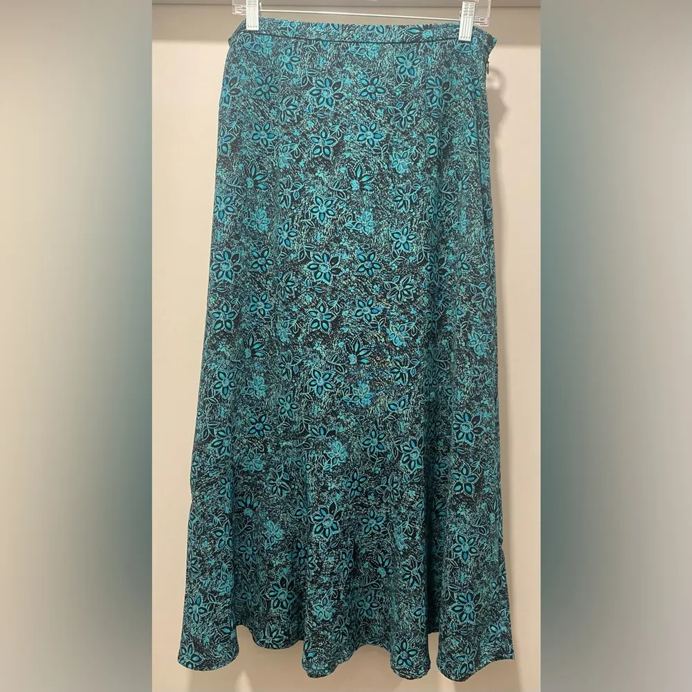 VTG 90s  Black & Teal Blue Floral Patterned Midi Maxi Skirt - 14 - Image 4