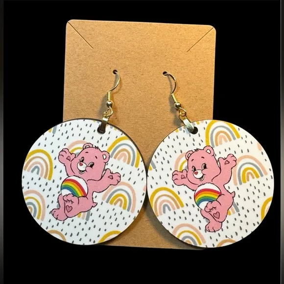 Rainbow Bear Round Pierced Earrings Pink Blue And Yellow New - Image 2