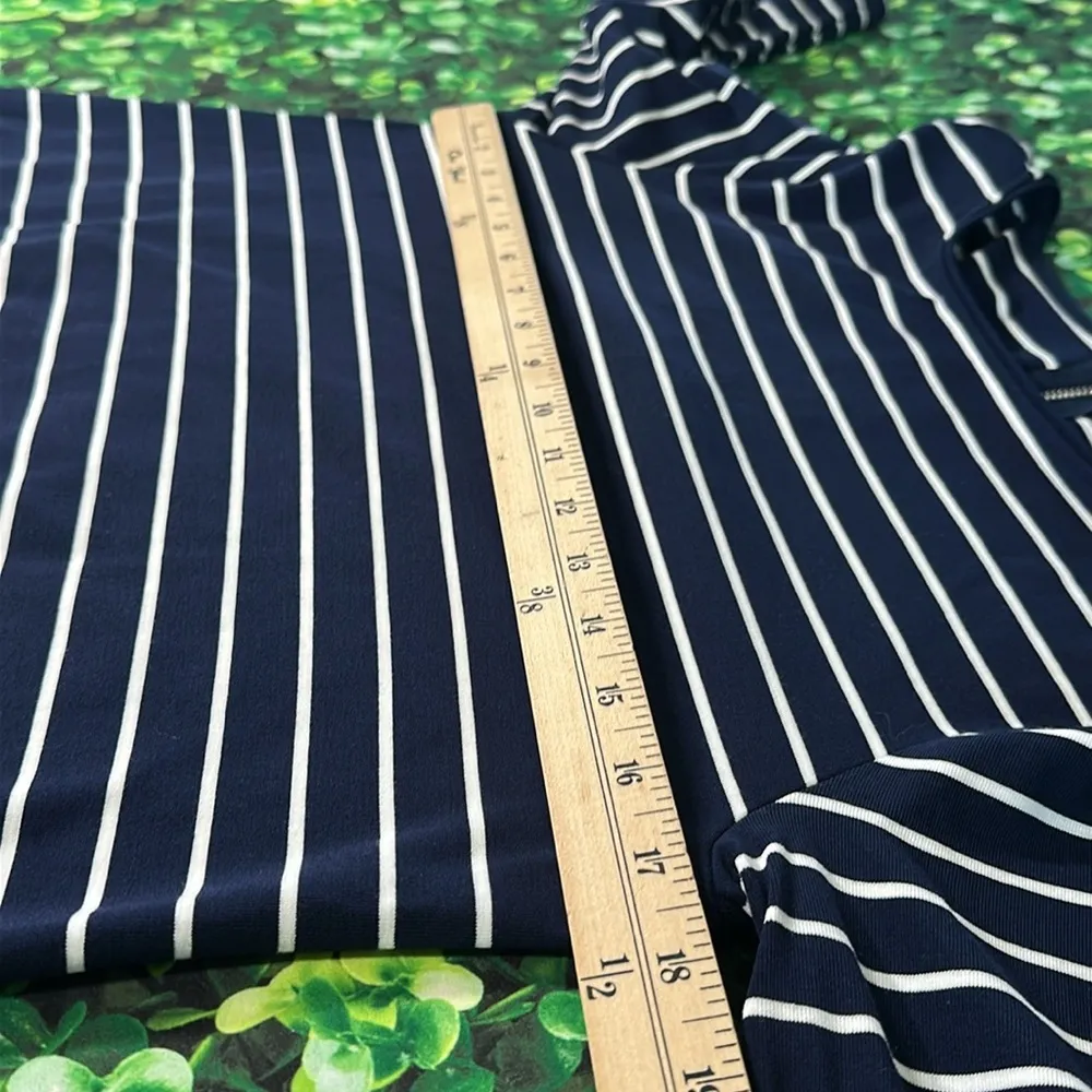 White House Black Market WHBM Navy Blue White Striped Bell Sleeve Dress Medium - Image 10