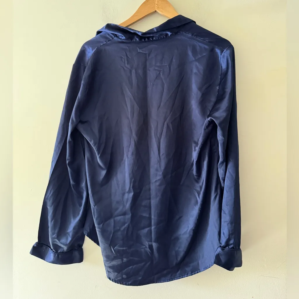 Victoria’s Secret Silk Smooth Navy Blue Pajama Button Down Long Sleeve Top - Image 3