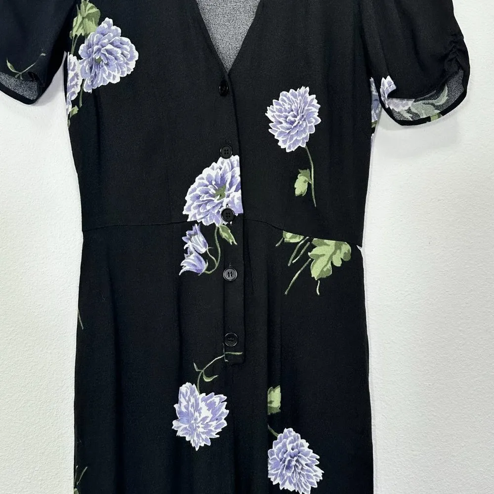 Reformation Lilac Black Floral Short Sleeve V Neck Jumpsuit Wedding Guest Size 0 - Image 4