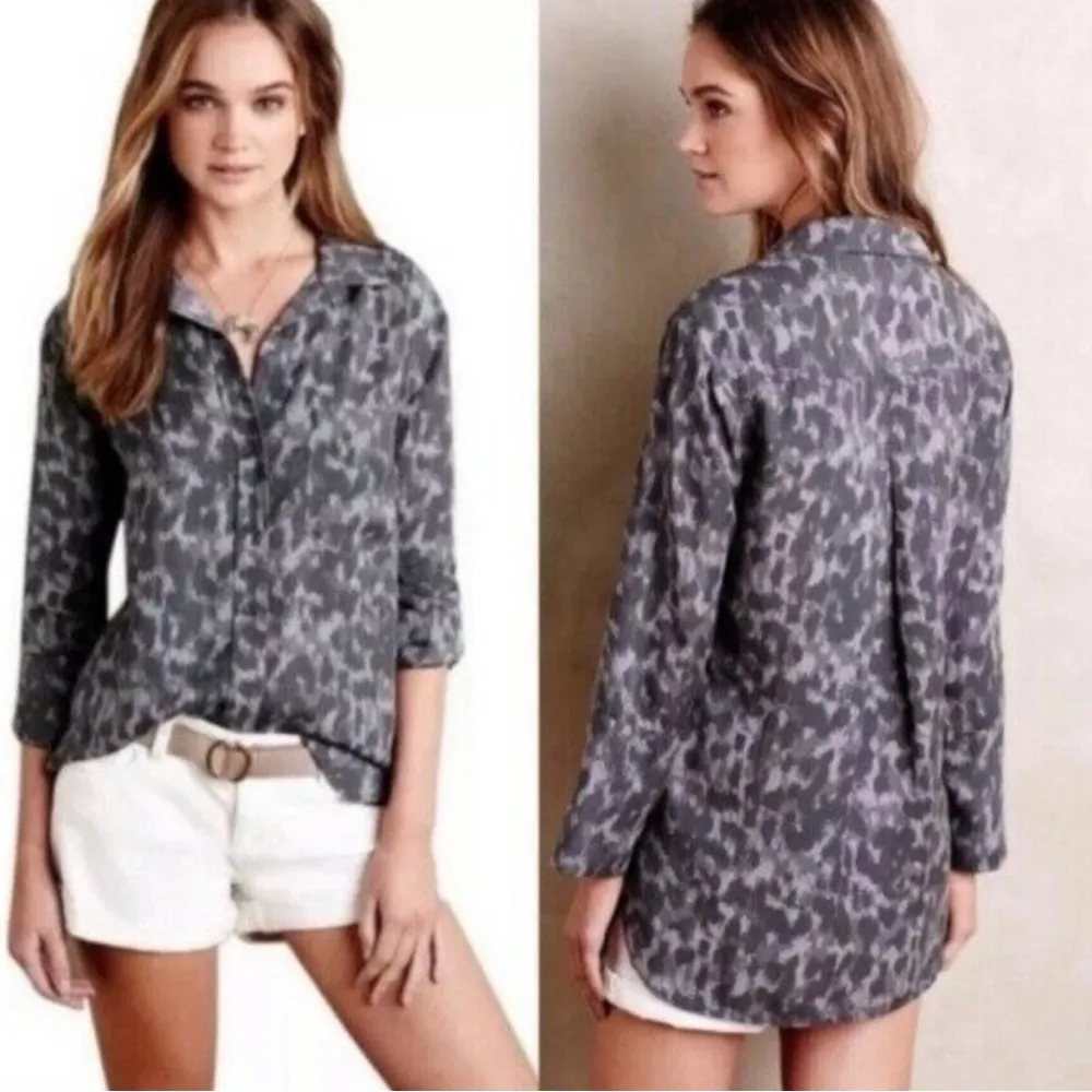 Anthropologies Cloth & Stone Gray Patterned Button-Up Shirt SZ:L - Image 2
