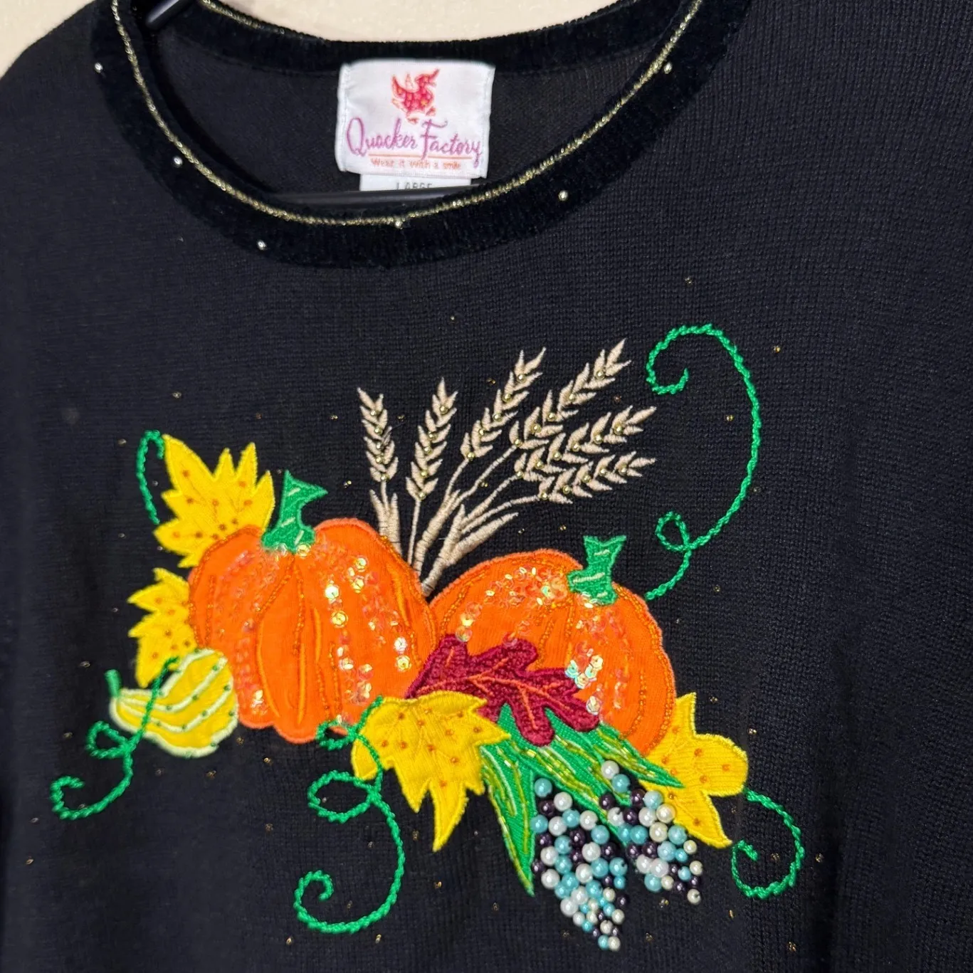 Quacker Factory Black Long Sleeve Sweater Beaded Pumpkin Floral Fall Autumn L - Image 2