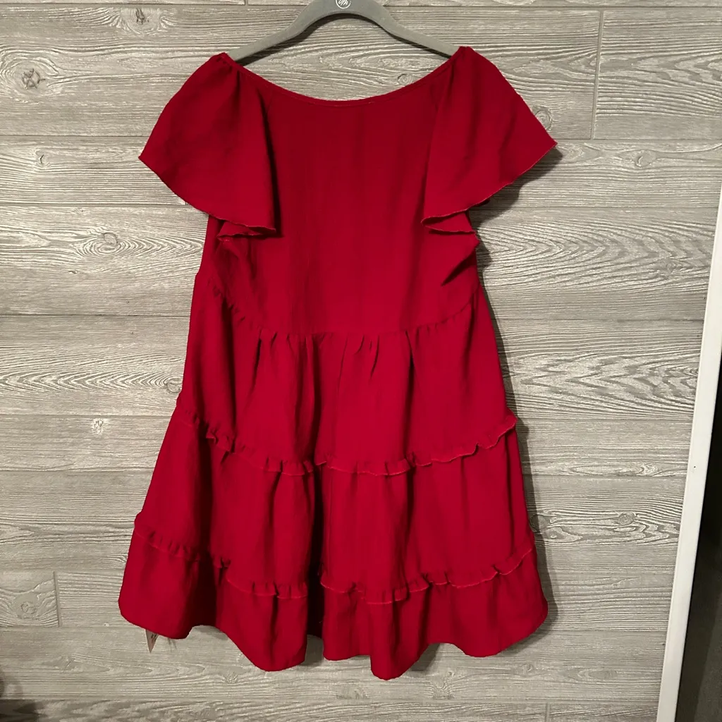 Entro Clara Tiered Ruffle Top Red Short Sleeve Square Neck Drawstring Small - Image 2