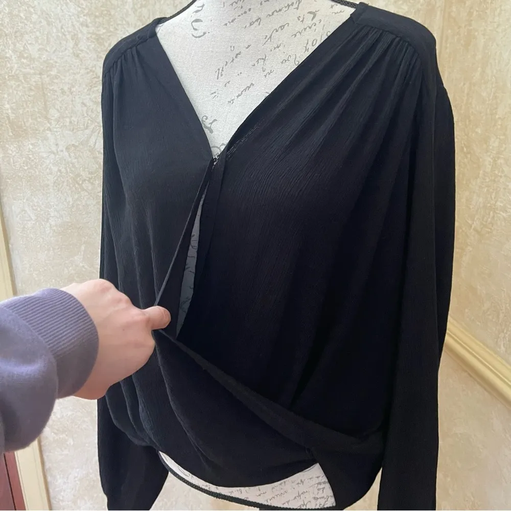 Free People Check On It Draped Wrap Top Hi-Low long sleeve Viscose Black Sz M - Image 5