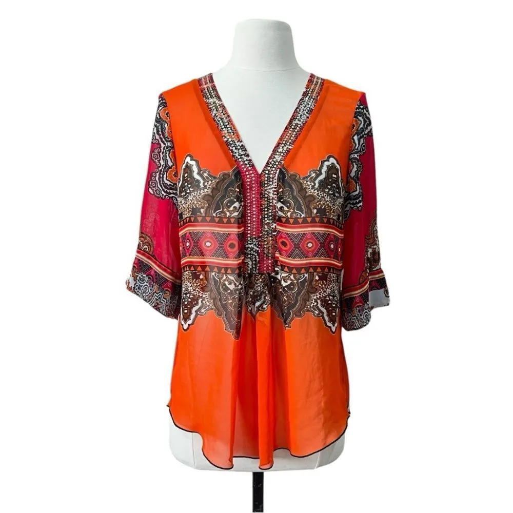 Joseph Ribkoff Colorful Sheer Blouse with Multicolored Rhinestones Size 6 - Image 13