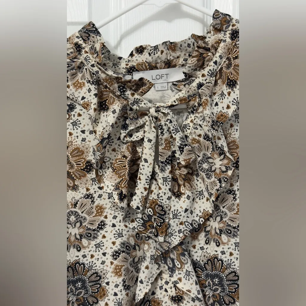 Loft  Floral Ruffle Blouse - Brown and Cream - Image 2
