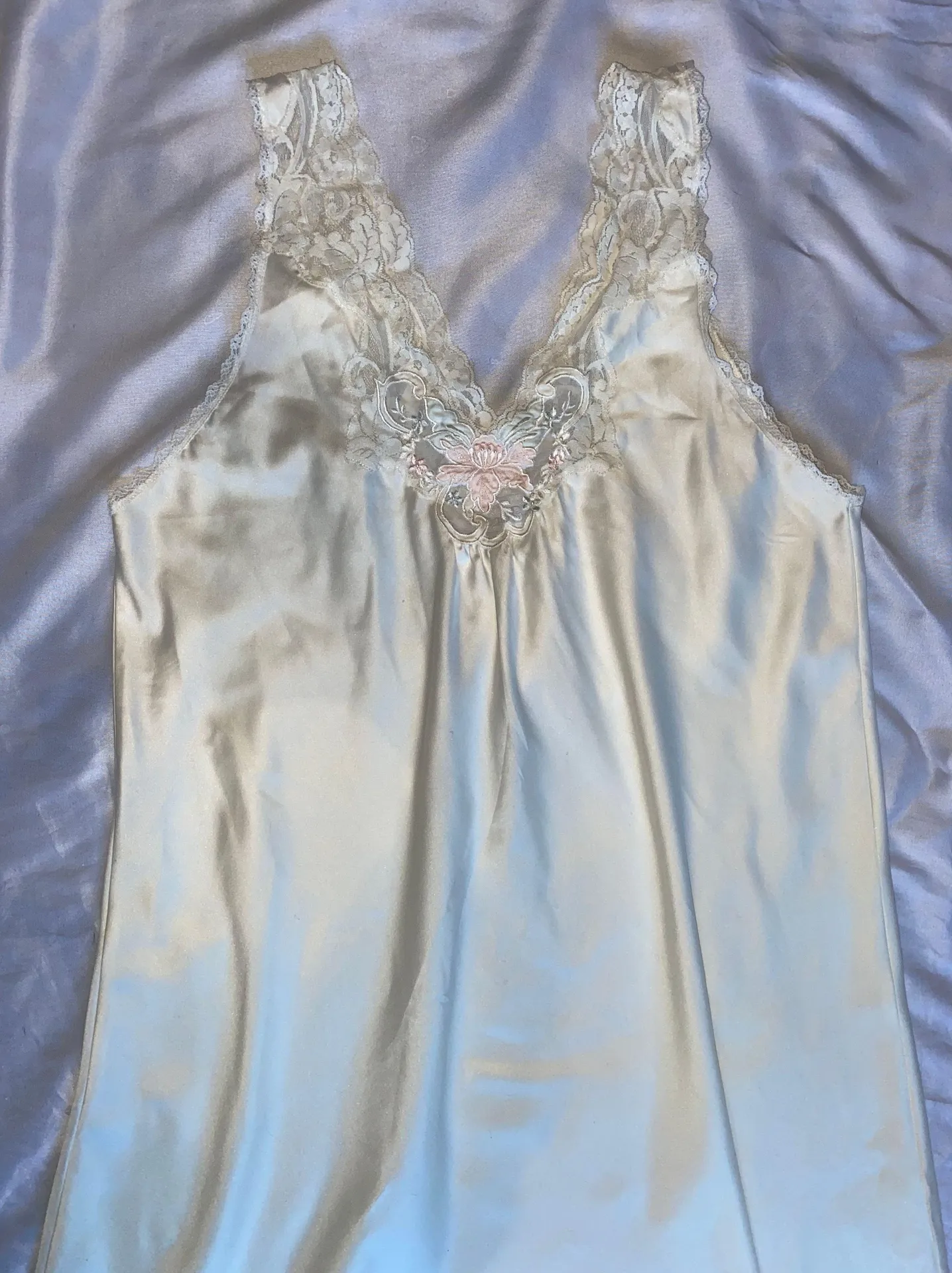 vintage white long satin slip dress with pink and white lace detailing Size L - Image 2