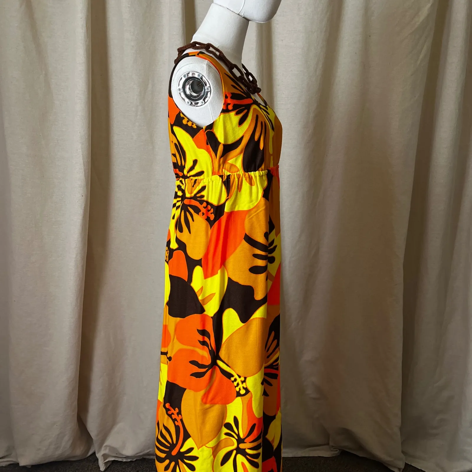 Vintage 70s Pomaré Tahiti Orange Yellow Hibiscus Maxi Dress XS‎ Honolulu - Image 4